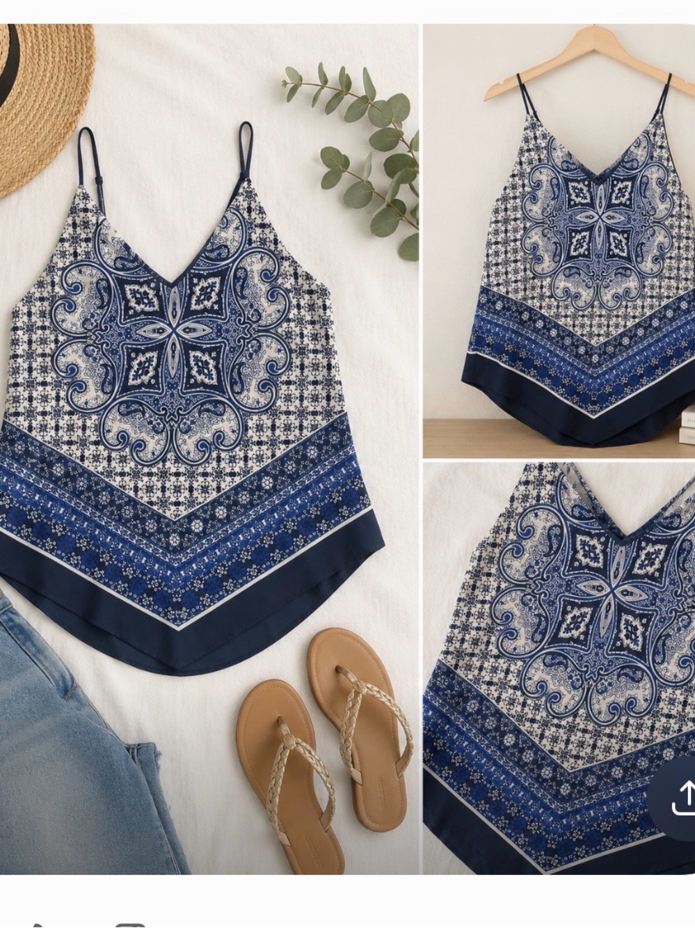 Blue Paisley V-Neck Satin Cami with Navy Border